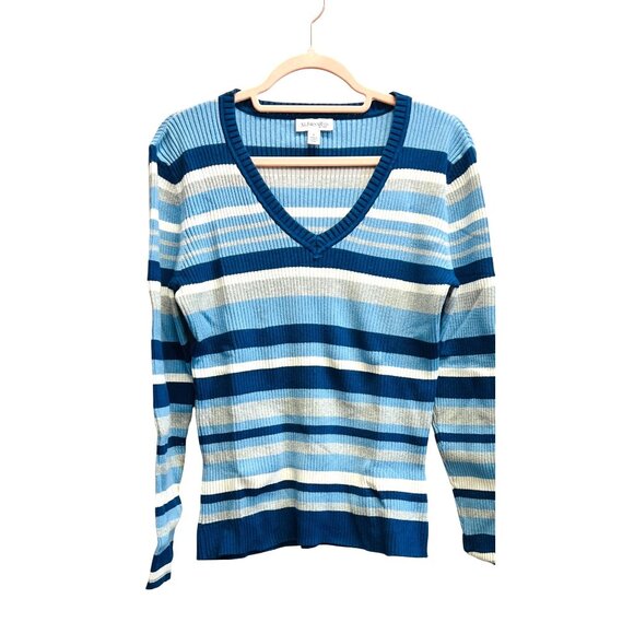 St. John's Bay Women’s LARGE V-Neck Striped Sweater Long Sleeve Blue & White - Picture 1 of 5